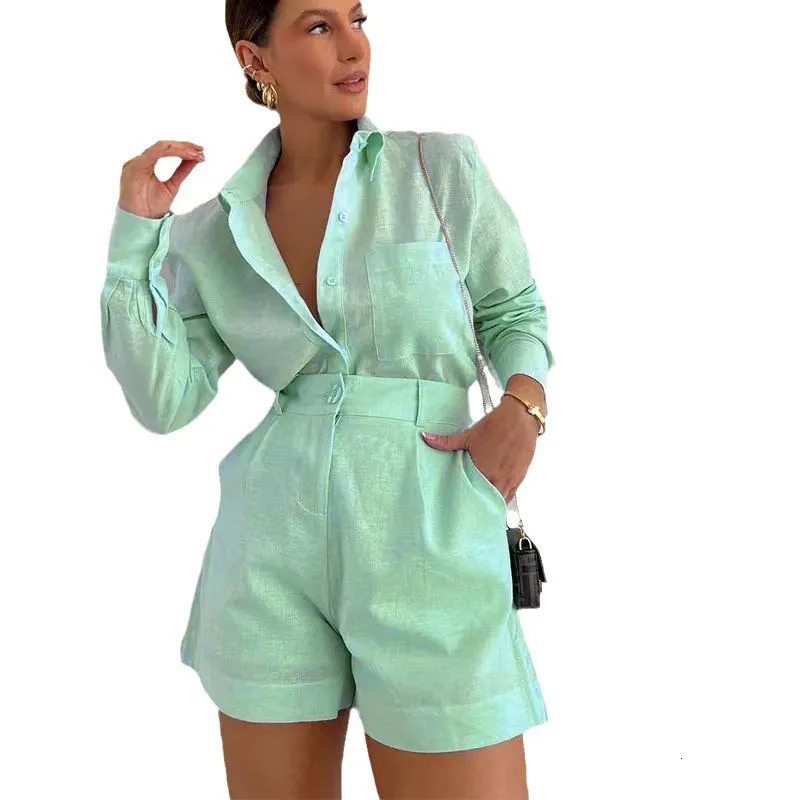 Fashion Womens Outfits Sets Button Pockets Lapel Shirt Short Pants Elegant Long Sleeves 2 Pieces Vacation Solid Blouse Sets 250318