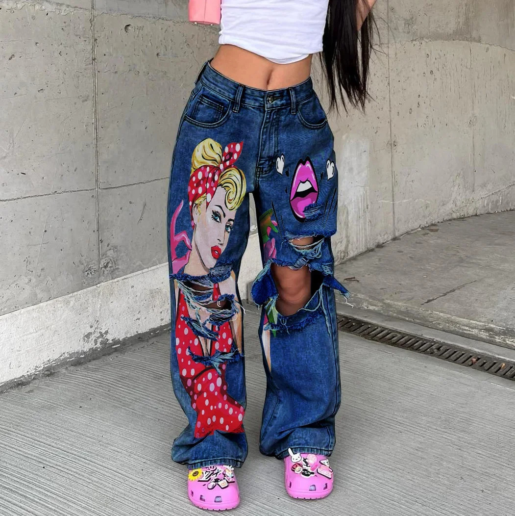 Vintage Washing High-Waisted Wide-Leg Jeans Womens Fashionable Printed Hollow Straight-Leg Trousers 250320