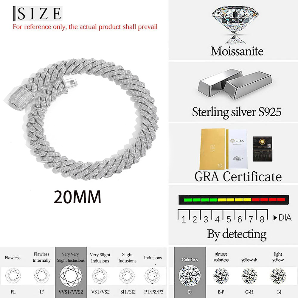 Hip-hop Fashion Jewelry 20/25MM Cuban Link Chain With VVS GRA Certificate S925 Sterling Silver D Color Moissanite Ice Necklaces