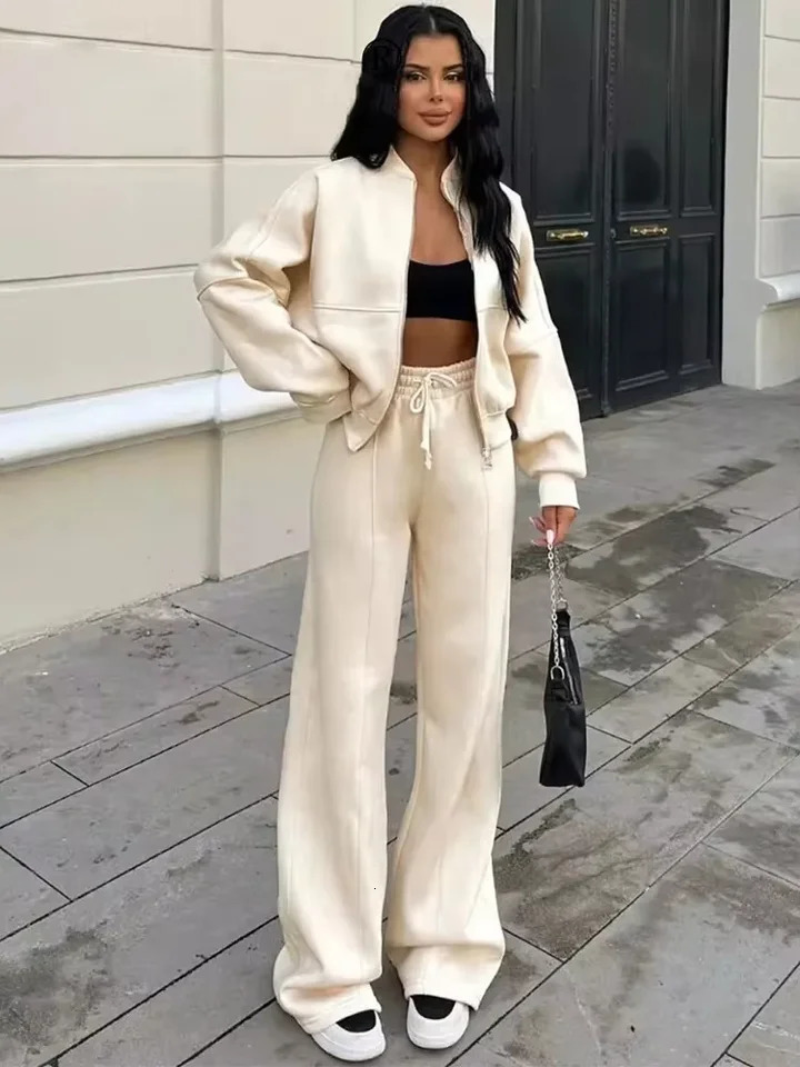 Womens 2-piece Track Set Retro Zipper Bomber Jacket Sweater High Waist Womens Loose Velvet Pants Sportswear 250320