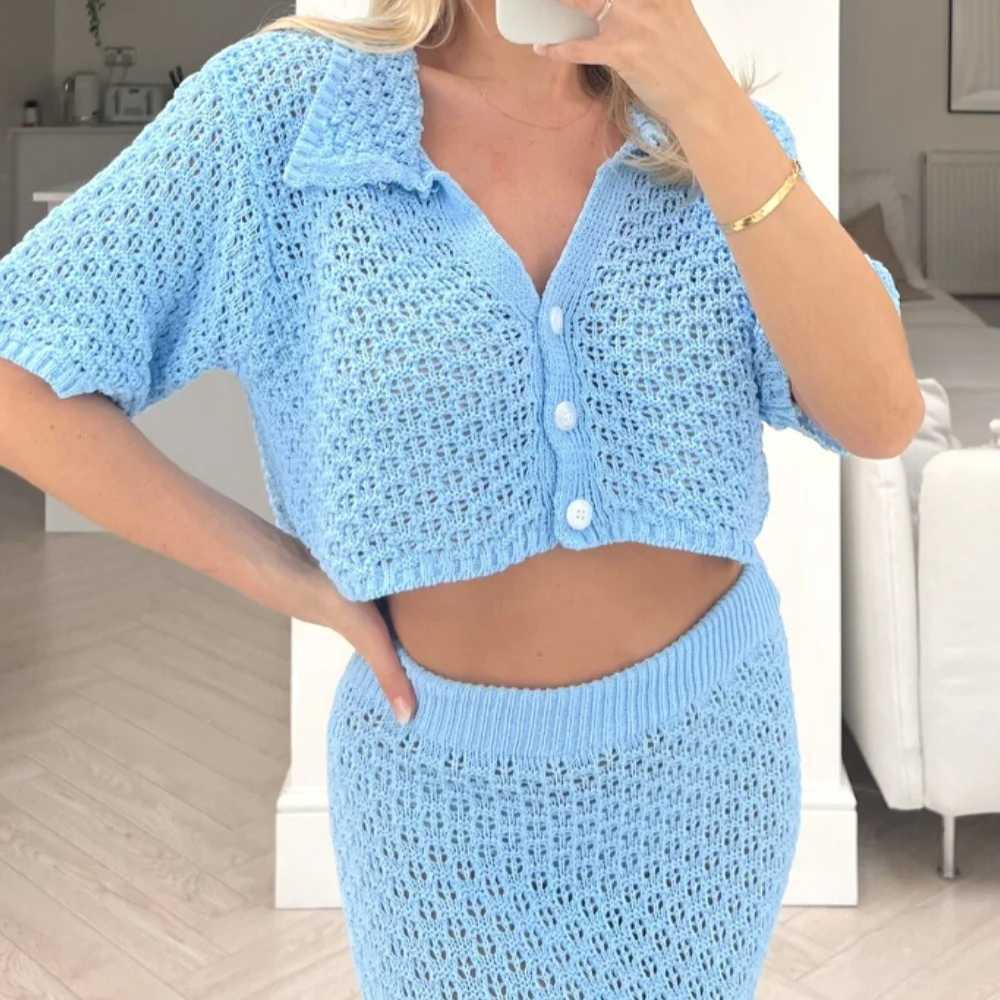 Hollow out short sleeved knitted two-piece cardigan button up skirt versatile top beach sexy suit 250315