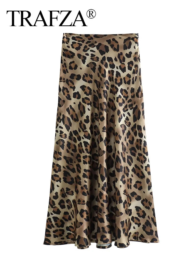 TRAFZA Female Elegant Midi Skirts Retro Leopard Print High Waist Satin A-Line Womens Fashion Bottoms Streetwear Midi Skirt 250320