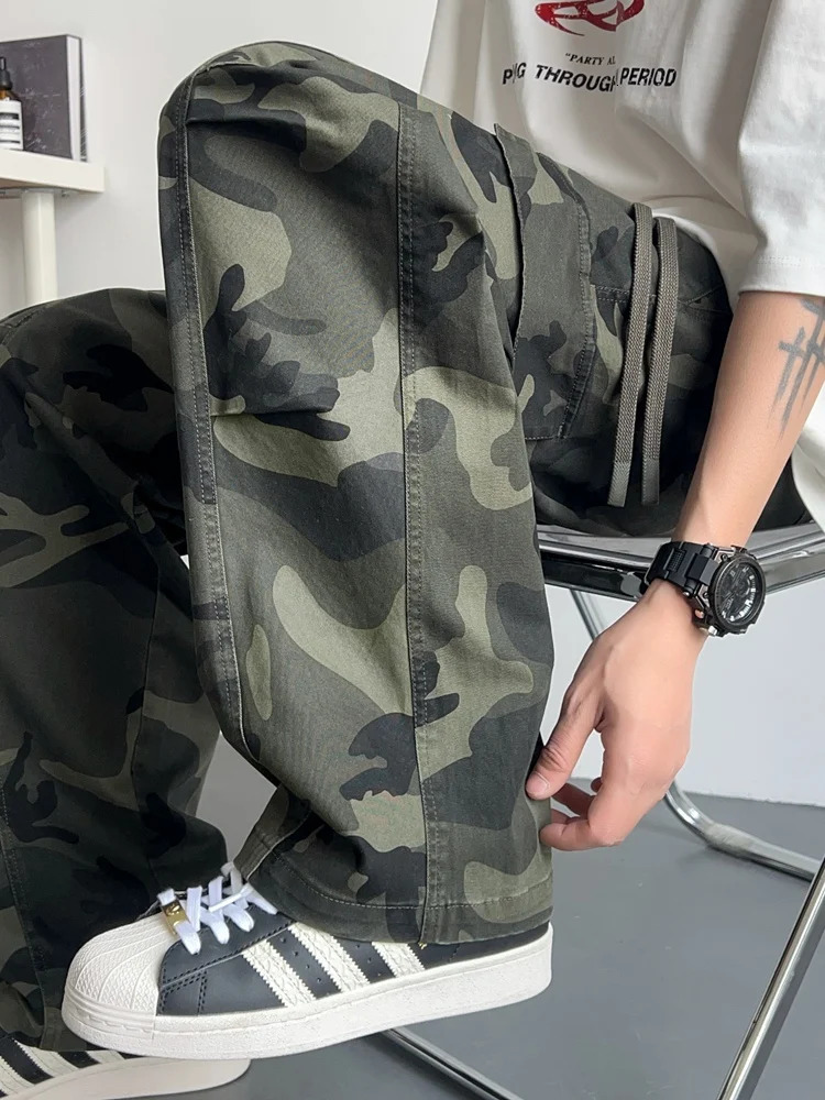Mens Camouflage Straight Cargo Pants Spring Summer Multi-Pockets Wide Leg Baggy Casual Pants Male Cotton Casual Trousers 250320
