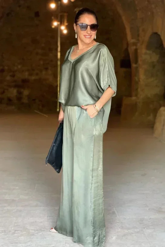 2025 Spring Satin Oversize Women Suit Black V-neck Tops Long Pants Loose Suits Female Spring Casual Trendy Ladies Clothes 250320