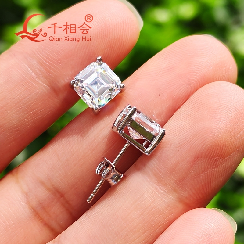 4ct 7*7mm asscher shape 925 silver white color D VVS moissanite stone ear stud Earing gift dating women wedding