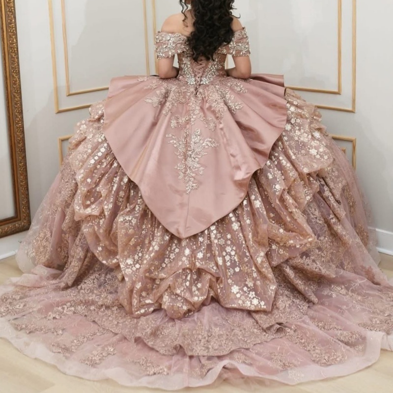 Pink Sparkly Princess Off Shoulder Quinceanera Dresses Lace Applique Beading Crystal Tull Sweet 16 Dress Ball Gown Vestidos 15 De anos
