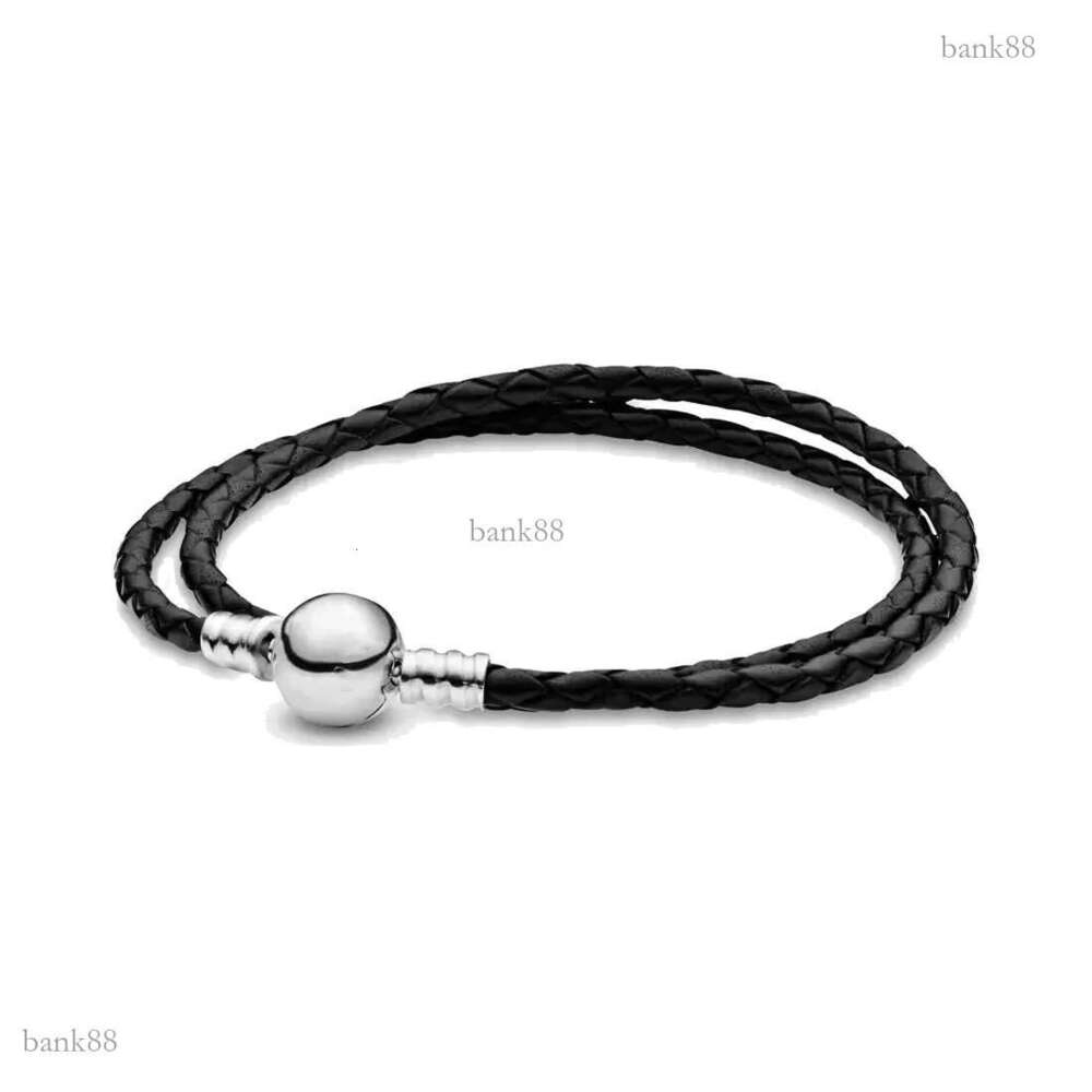 Fine jewelry Authentic 925 Sterling Silver Bead Fit Charm Bracelets Charms Bracelets Moments Double Black & Pink Leather Safety Chain Pendant DIY bead