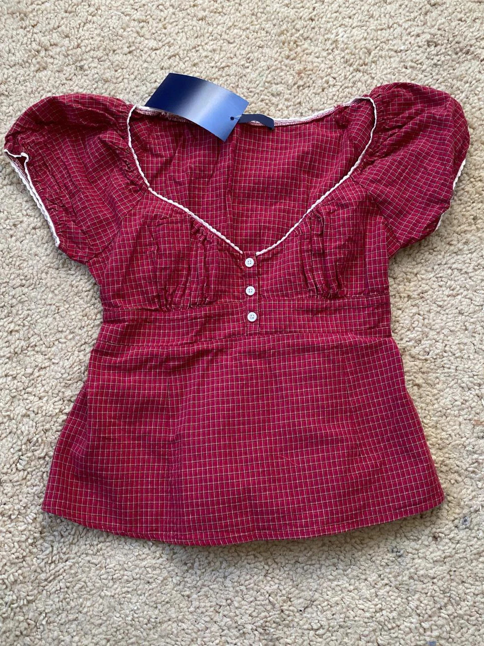 Red Plaid T-Shirt Shorts Set Women Summer Lace-up Puff Sleeve BlouseButtons Elastic Waist Short Pants Cotton Sweet 2 Piece Sets 250319