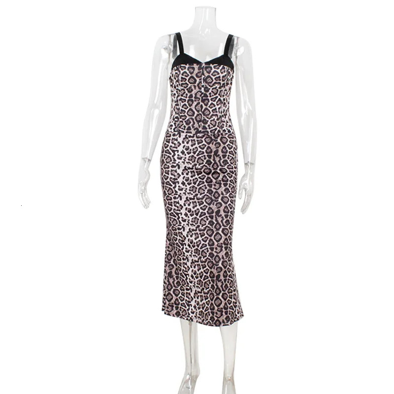 Ahagaga sexy leopard womens Maxi dress with shoulder straps square collar sleeveless slim fit split black party vest 250320
