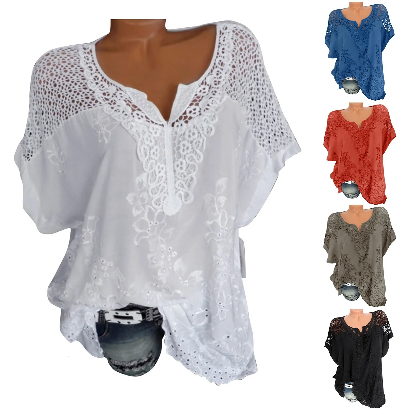 Women Shirts Women Lace Hollow Lace V Neck Embroidered Short Sleeved Bat Shirt Top Spandex T Shirt 250320