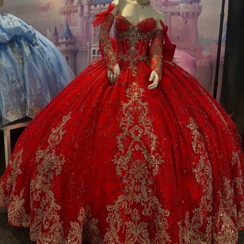 Red Shiny Quinceanera Dresses Off The Shoulder Applique Lace Beading Crystal Bow Tull Mexican Sweet 16 Vestidos De XV 15 Anos