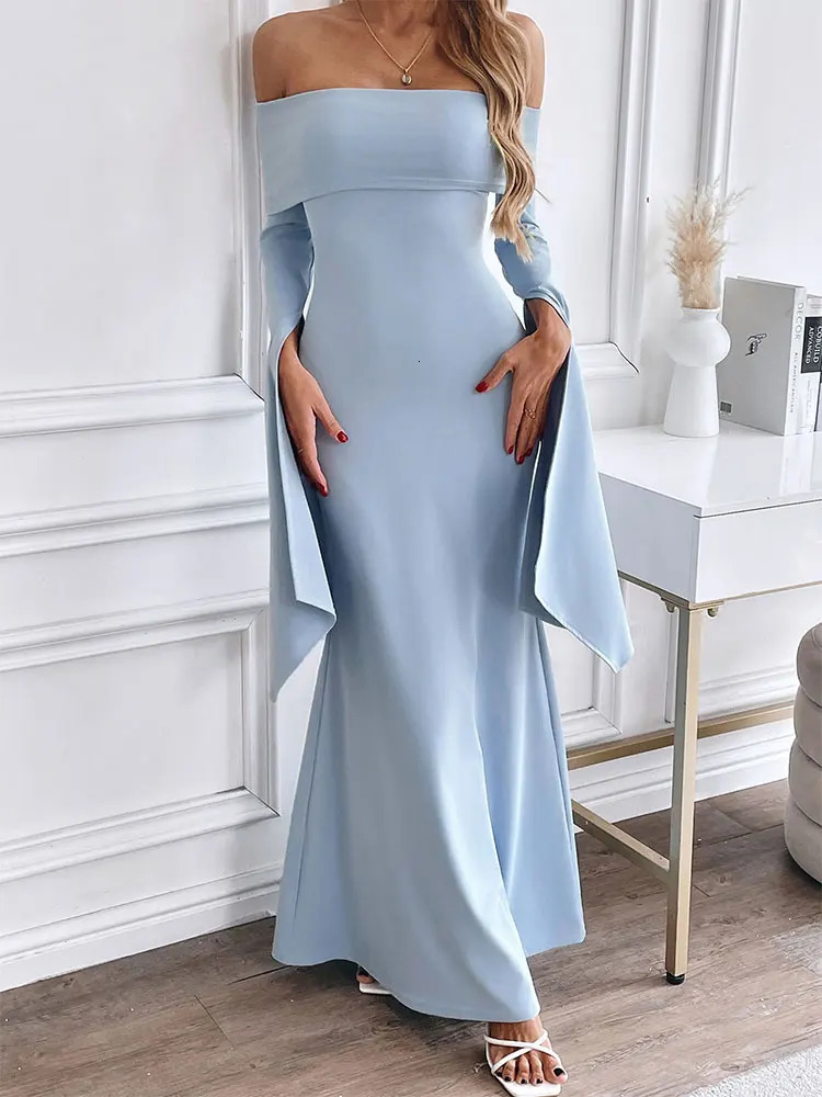 Autumn Dresses Women Sexy Solid Strapless Backless Maxi Dress Streetwear Fashion Split Long Sleeves Casual Slim Lady 250320