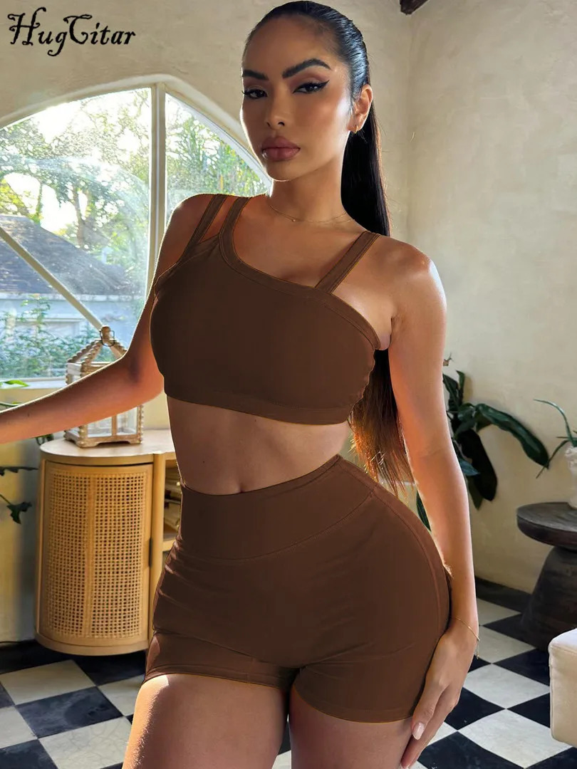 Hugcitar Summer Fashion 2-piece set solid belt backless sexy crop vest top drag shorts ultra-thin womens vacation workwear 250318