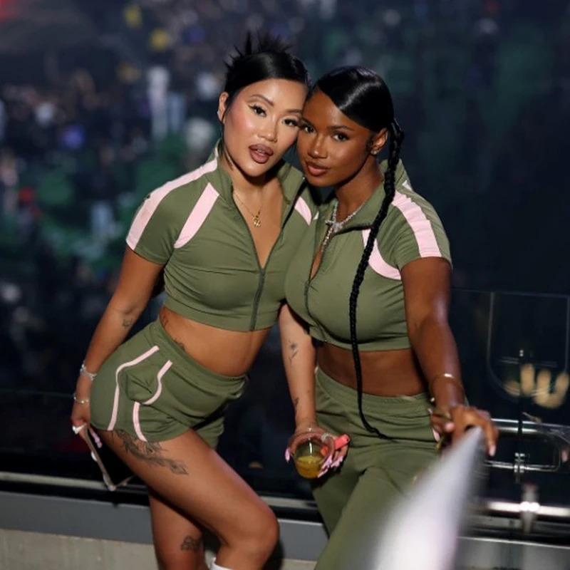 CUTENOVA Spring Summer Lapel Zipper Clash Color Patchwork Waistless Short Sleeve Skinny Short TopElastic Cord Sports Shorts Set 250320