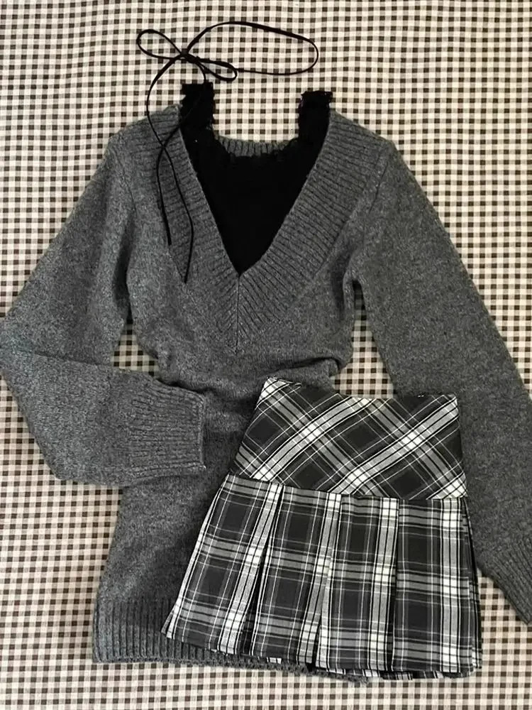 Knitted Suits Autumn Winter Woman V-neck French Vintage Long Sleeve Pullovers Knitwears 2000s Aesthetic Korean Sweater Sets Y2k 250320