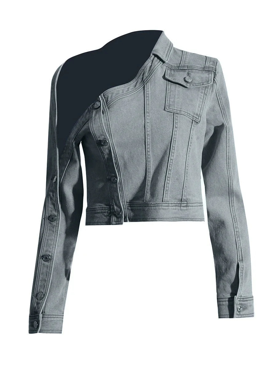 Fashionable womens denim T-shirt single shoulder stand up collar jeans short sleeved jacket long sleeved spring button retro ultra-thin denim T-shirt 