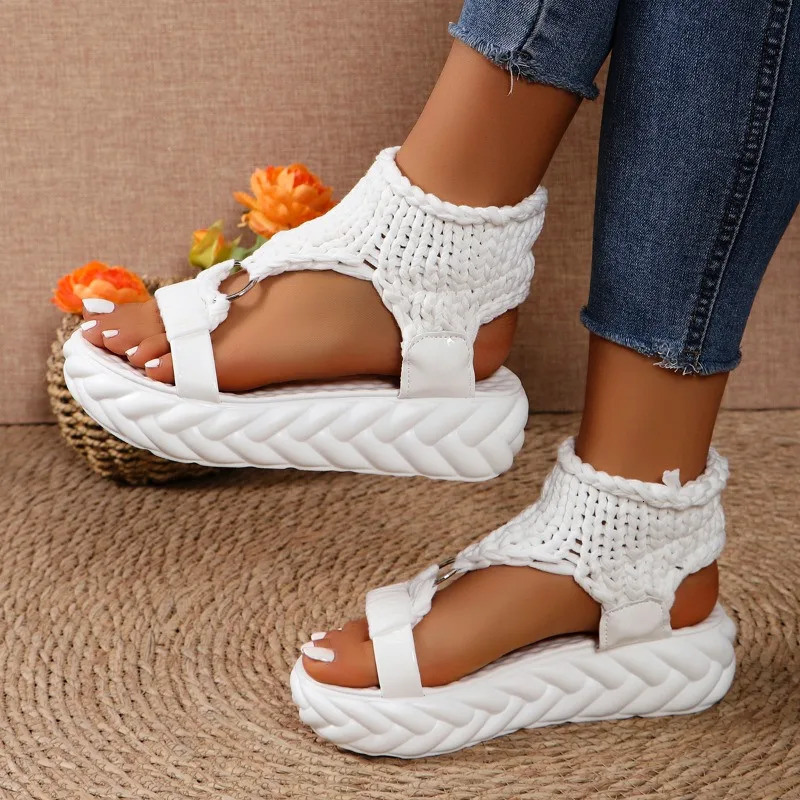 Fashion sandals summer round toe shallow mouth knitted metal trap foot anti slip and wearresistant flat midsole shoes 250321BJ - view 4