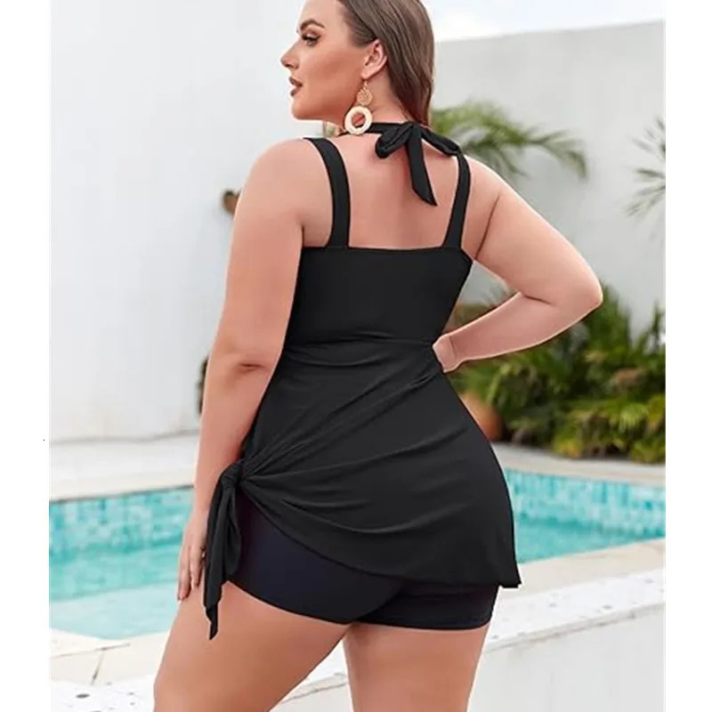 Womens plus size swimsuit twopiece black Tankini Vneck suspender floral asymmetrical hem short sleeved 250320