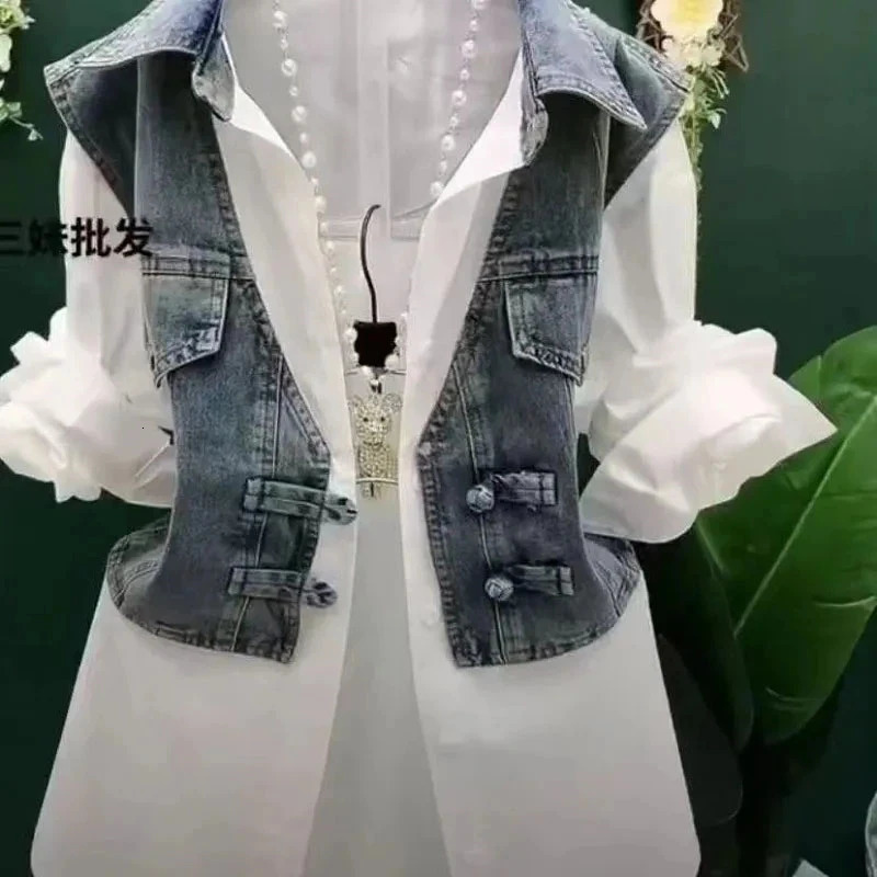 Spring and summer striped two-piece denim shirt womens sense stitched womens jacket warm denim jacket 250317