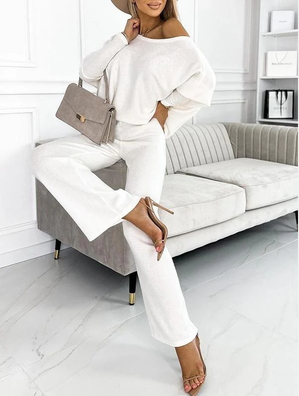 Autumn Womens Solid Color Fashion Casual Slant Shoulder Sports Pants Long Set for Women 240325