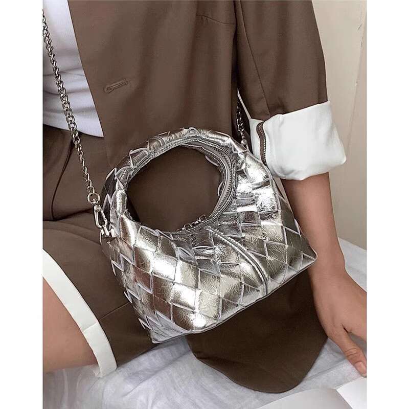 Women's Bags Women's handbag new Chinese style handmade woven bag, high-end sense, niche fashion, silver handheld crossbody dumpling bag