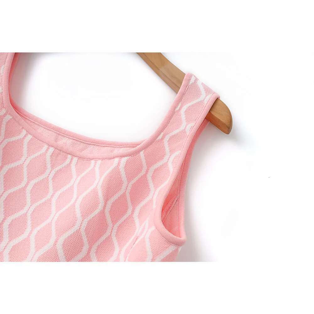 2025 New Summer Plaid Pattern Wear Women Sweet Sexy Tank Knit Mini Dress With Pockets Pink Blue