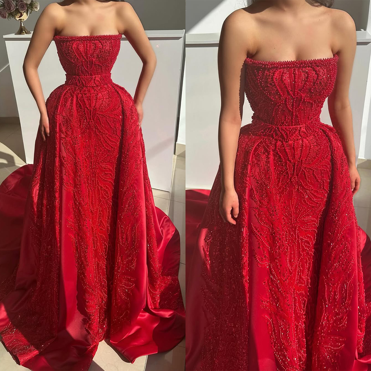 Elegant Evening Dresses Beading Strapless Prom Gowns Pearls Sleeveless Detachable Train Sequins Customized Princess Sweep Train Party Dress Vestidos D