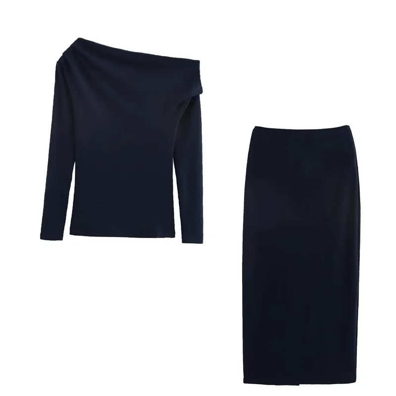 Womens Elegant Skirt Set Asymmetric Long Sleeve Top Midi Tight Skirt Spring 2025 Simple Casual Womens Set 250320