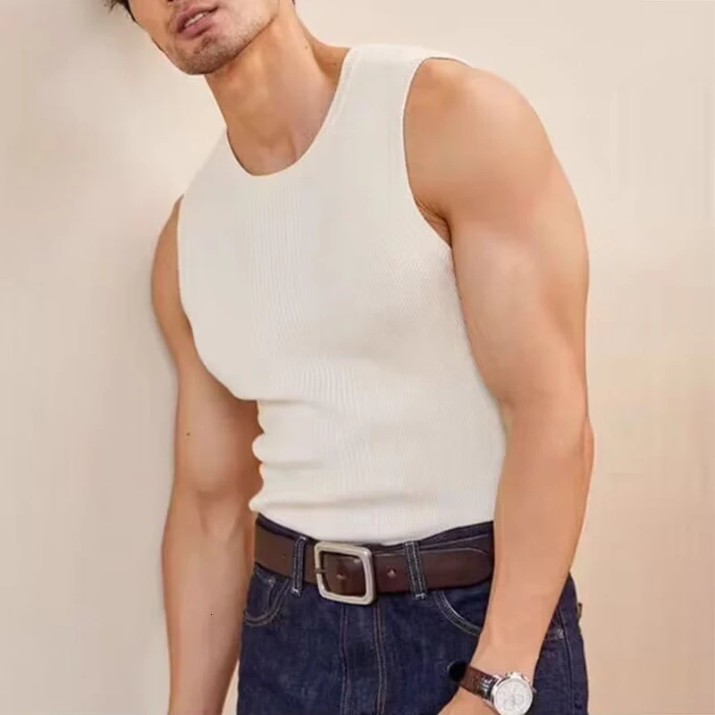 Fashion Texture Ribbed Knit Tank Tops Men Casual Slim Fit Elastic Basic Vest For Mens Spring Summer Trendy Sleeveless Camisoles 250320