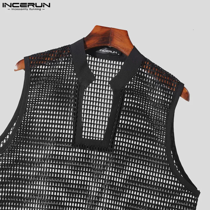 Mens Tank Top Solid Color Stand up Collar Sleeveless Hollow Mens Tank Top Transparent Street Clothing Mens Clothing INCERUN 250318