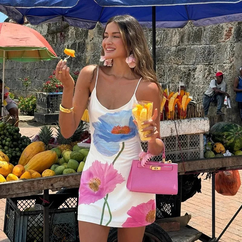 Sexy mini dress womens summer white fashionable Oneck printed sleeveless strapless casual ultrathin elegant 250320