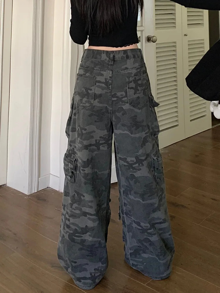 Trashy Y2K Fashion Washed Camouflage Multi Pockets Baggy Jeans Cargo Pants For Women Clothes Wide Leg Loose Lady Trousers 250320