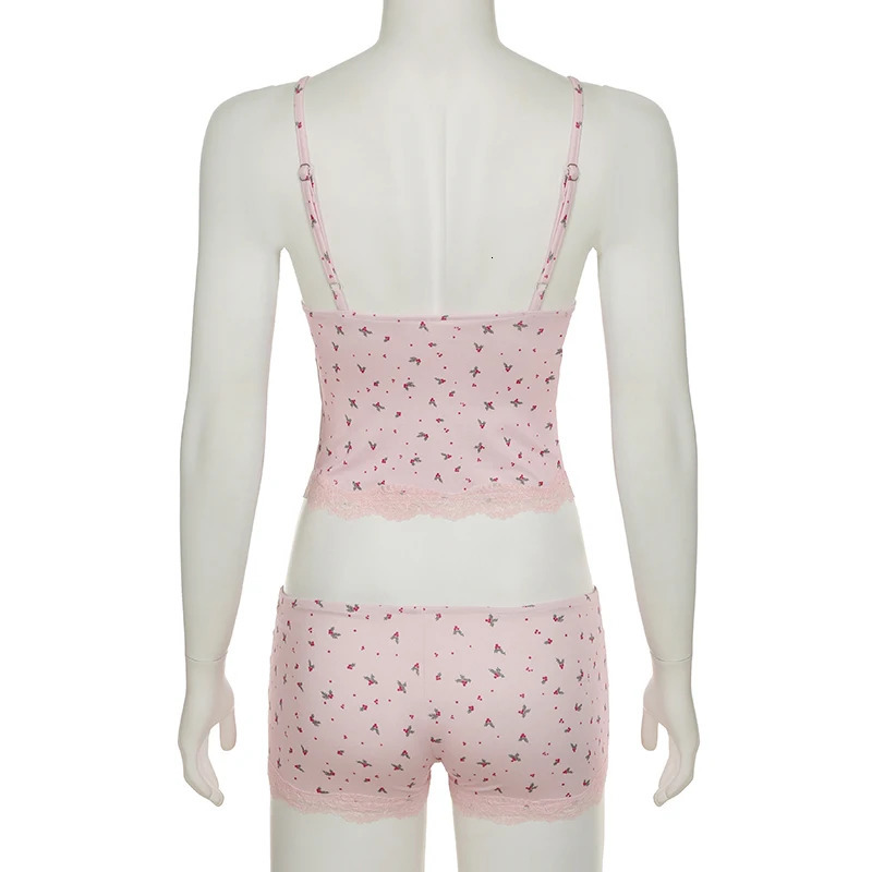 Darlingaga Cute Flowers Printing Summer Set Women Mini Lace Patchwork Trim Cropped Camis And Super Shorts Slimming Outfits 250320