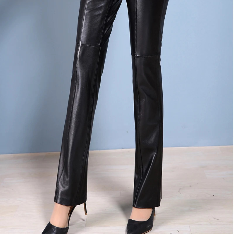 Womens Leather Pants Genuine Sheepskin Boot Cut Pants Ladies Full Length Cool Slim Pants Spring and Autumn 250320