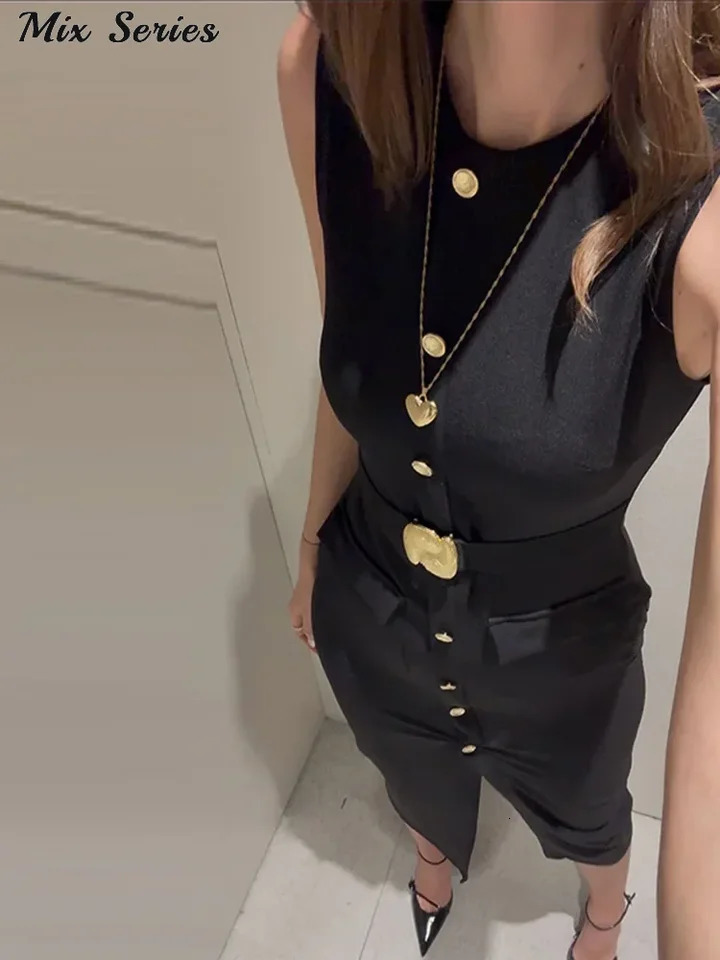 Elegant single chest split style dress for women ultrathin sleeveless Oneck belt Midi springsummer office womens long robe 250320