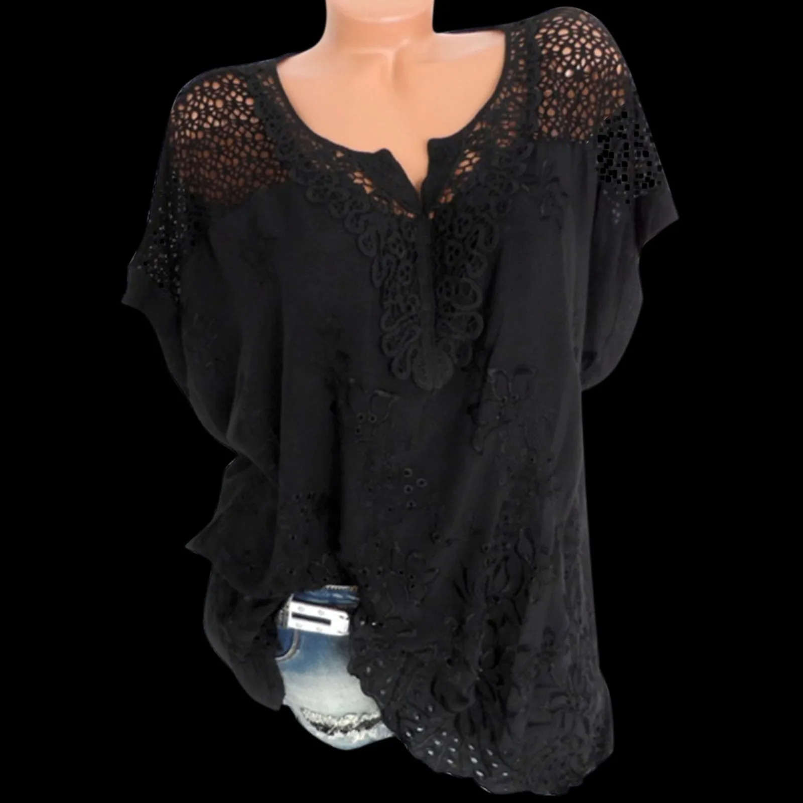 Women Shirts Women Lace Hollow Lace V Neck Embroidered Short Sleeved Bat Shirt Top Spandex T Shirt 250320