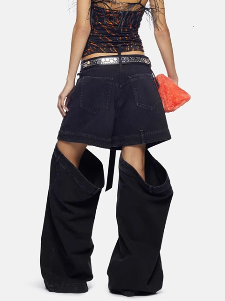 Womens loose waist zipper hollow solid color wide leg long leg jeans autumn trendy 250314