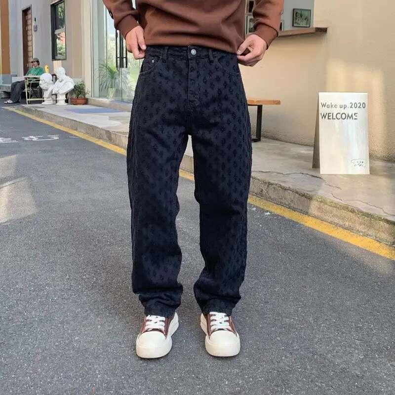 Designer Jeans 2025 New Blue Personalized Men's Jacquard Pattern Retro Fashion Emed Street Wear Jeans Pants Loose Casual Straight Leg Pants Men&#