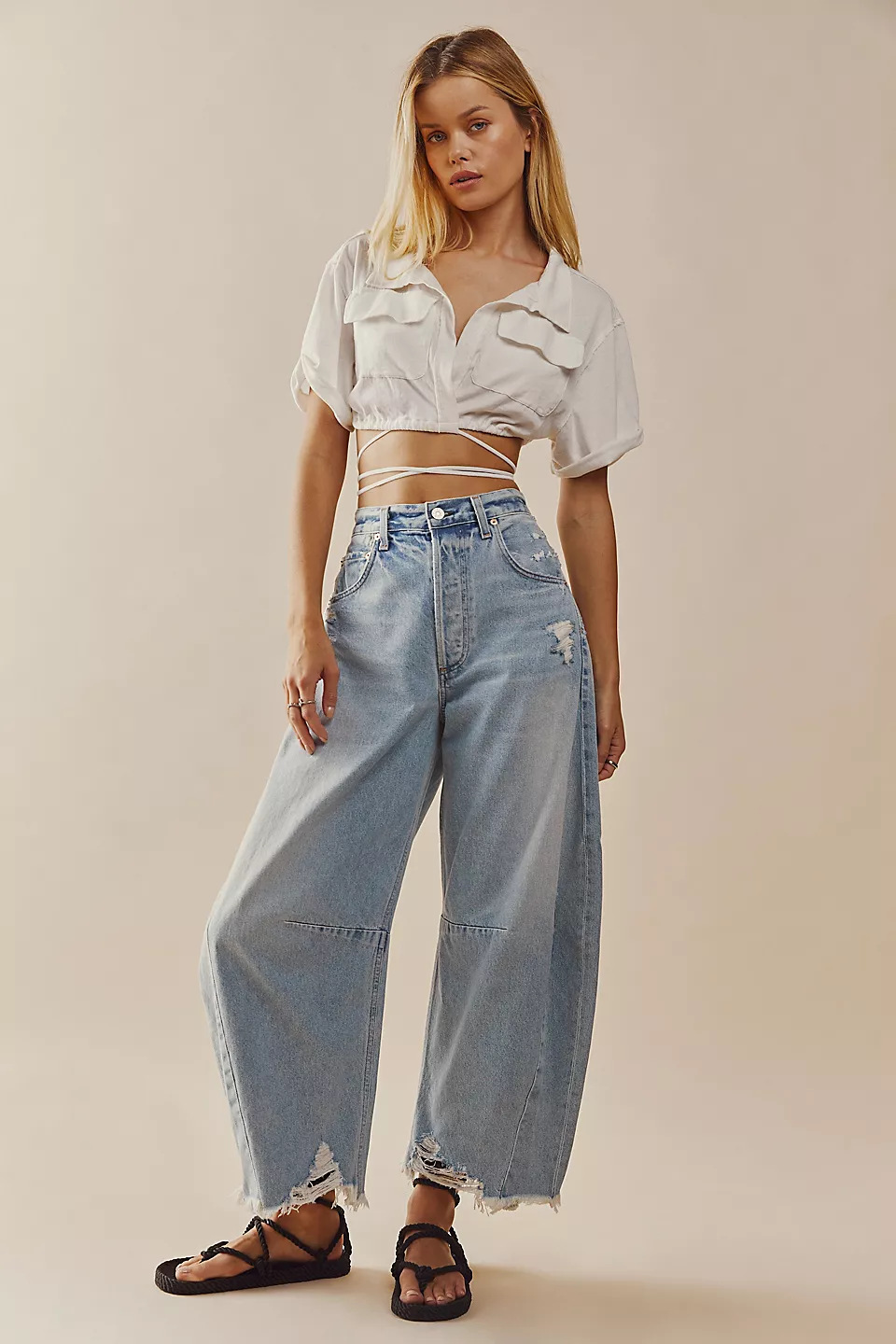 CNLONGBIDA Women's Jeans Wide leg casual jeans summer new high waisted loose fringed pants H5N724