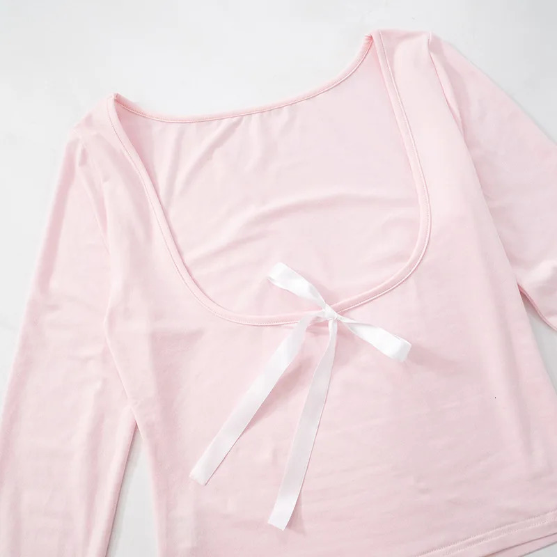 Absobe Pink Backless Lacing Crop Top Womens Crew Neck Long Sleeved Solid Slim T-shirt Winter And Spring Streetwear 250320