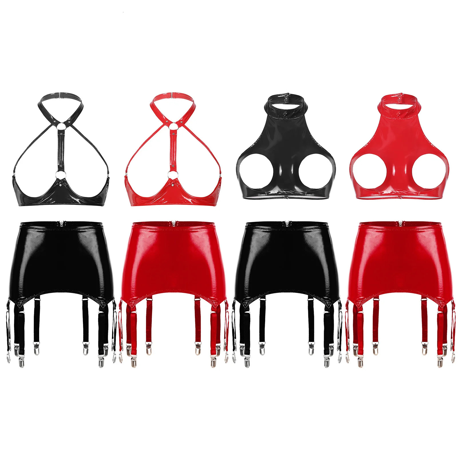 Womens Patent Leather Two-Pieces Porn Lingerie Set Wire-free Open Bust Push-up Bra Top Tank Top with Zipper Garters Mini Skirt 250320