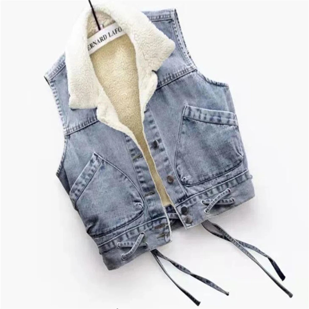 Autumn Lamb Wool Liner Plush Thick Cowboy Vest Winter Plus Velvet Warm Women Denim Waistcoat Female Gilet Sleeveless Vest Jacket 250320