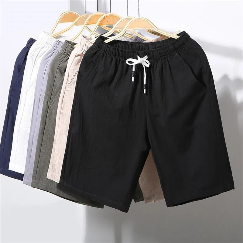 Men Shorts Slim Fit 2025 Summer Cotton Linen Knee Length Breathable Male Clothing Pure Straight Shorts Big Size M-6XL 7XL white 250320