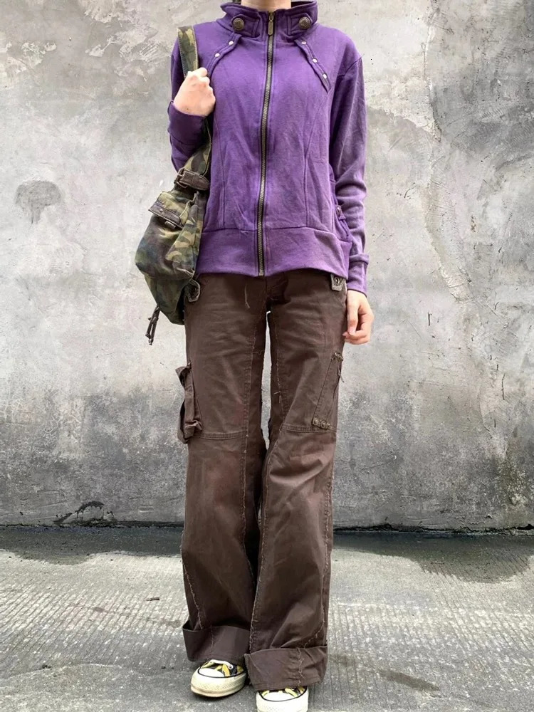Hosen Y2K Fashion Brown Slim Stacked Flare Cargo Jeans Pants For Women Clothes Gothic Lady Trousers Ropa De Mujer 250320