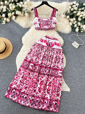 Dresses for Woman Party Wind Blue and White Porcelain Printing Set for Women in Summer Pure Desire to Show Waist Suspender Vest+high Waisted Mid Lengt
