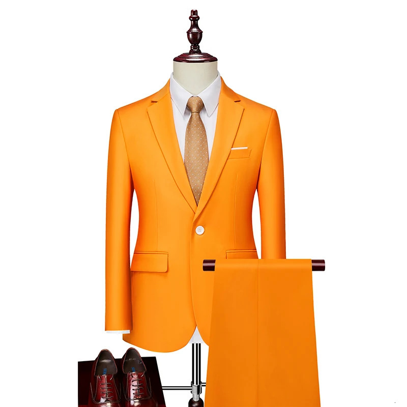 2024 Mens business casual wedding suit trousers stylish and handsome trend of solid color with orange twopiece set 250311