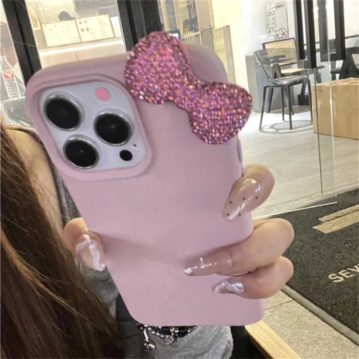Luxury rhinestone bow Litchi pattern leather phone case suitable for 16 15 14 13 11 Pro Max cute bow shock resistant soft phone caseXJ250321