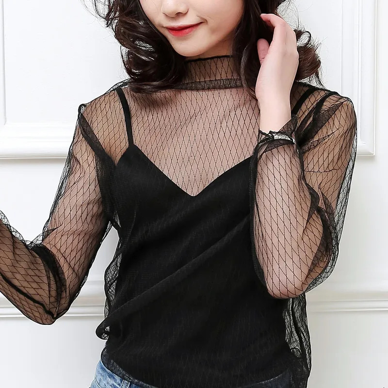 Womens Skey Black Lace Tshirt Sweetheart Lady Turtle Neck Long Sleeve See Through Top Match Y2K Cover Korean Chic 250311