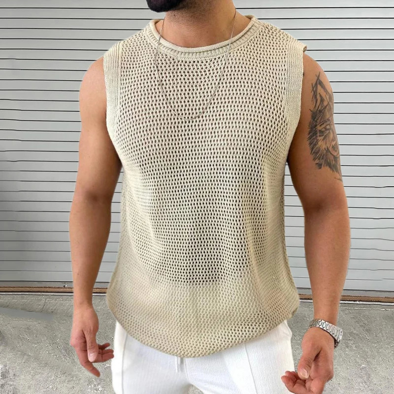 Leisure Solid Color Hollow Out Mens Knit Camisoles Summer Casual O Neck Sleeveless T Shirt Men Fashion Slim Knitting Tank Tops250312