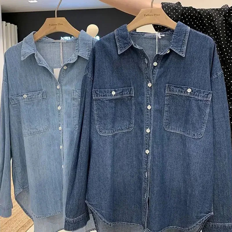 Casual loose womens denim shirt Korean fashion dark blue denim shirt spring top long sleeved classic Blusas Mujer De Moda 250317